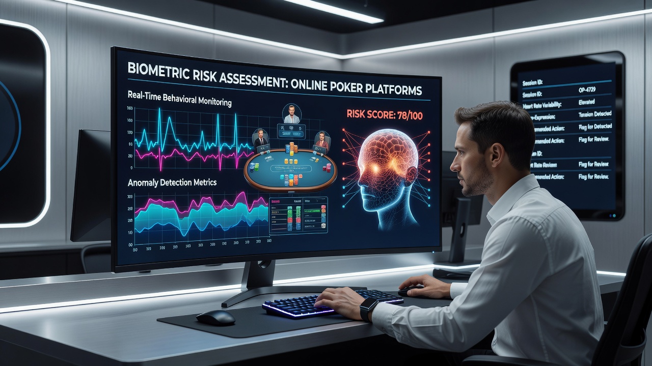 Online poker interface displaying real-time biometric monitoring overlays on player avatars during a high-stakes tournament