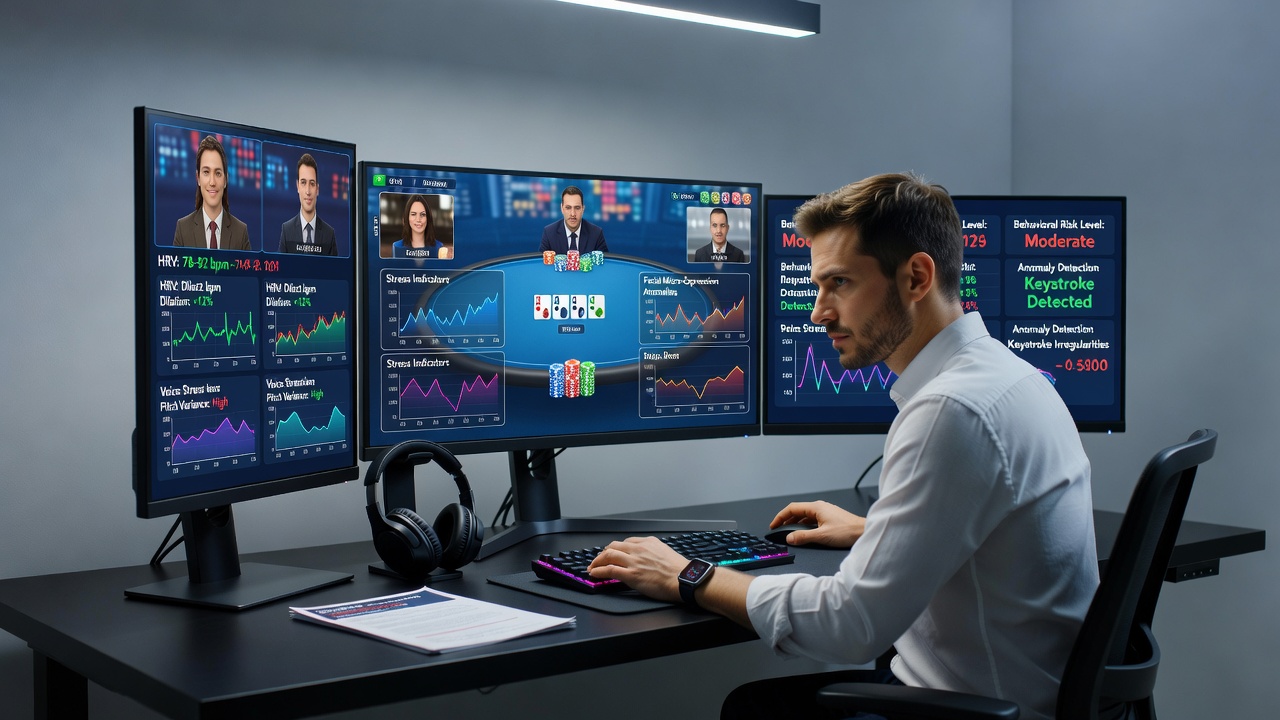 Close-up of biometric sensor data streams visualized on a poker operator dashboard with risk assessment metrics highlighted
