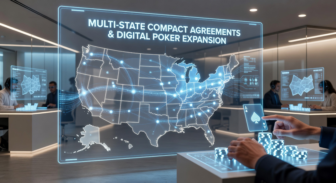 Digital illustration showing interconnected U.S. state maps linked by poker tournament platforms and compact agreements
