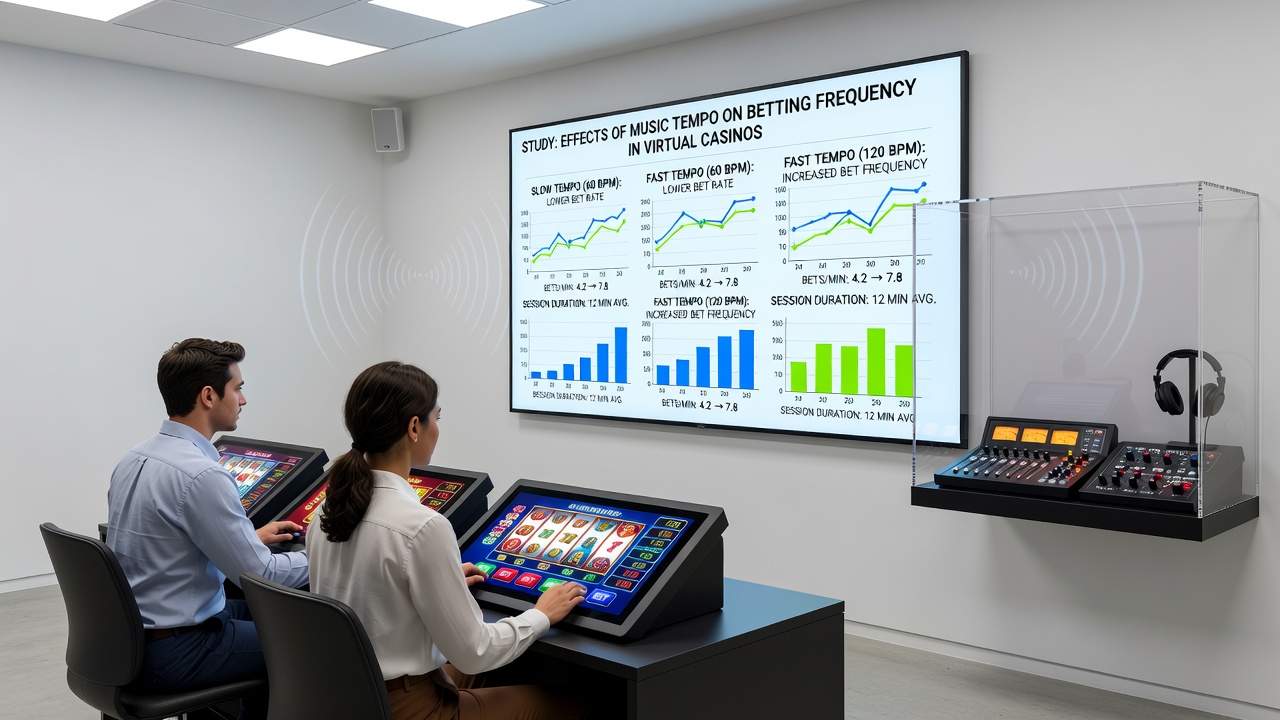 Research data visualization of betting frequency correlated with varying music tempos in virtual casino trials