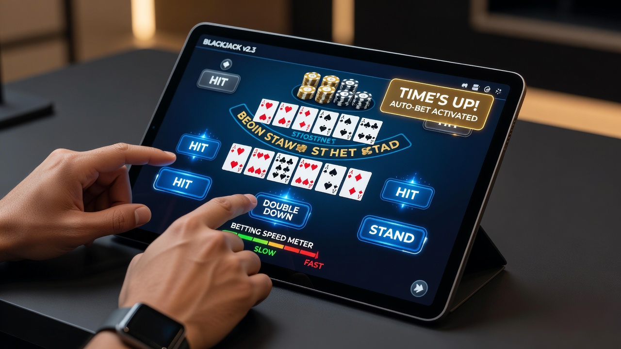 Close-up view of a mobile blackjack screen highlighting animated betting chips, timer countdown, and visual cue overlays during active play
