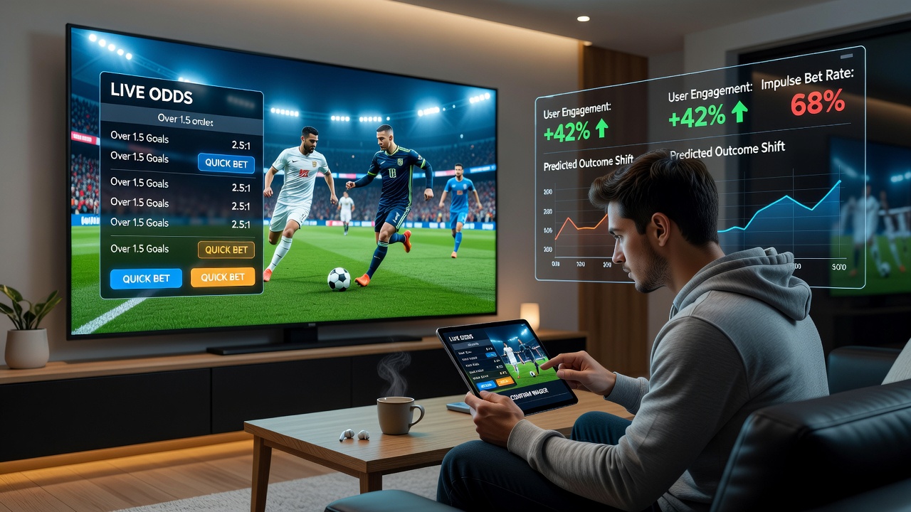 Close-up of augmented reality betting interface showing live odds and player stats overlaid on a football match