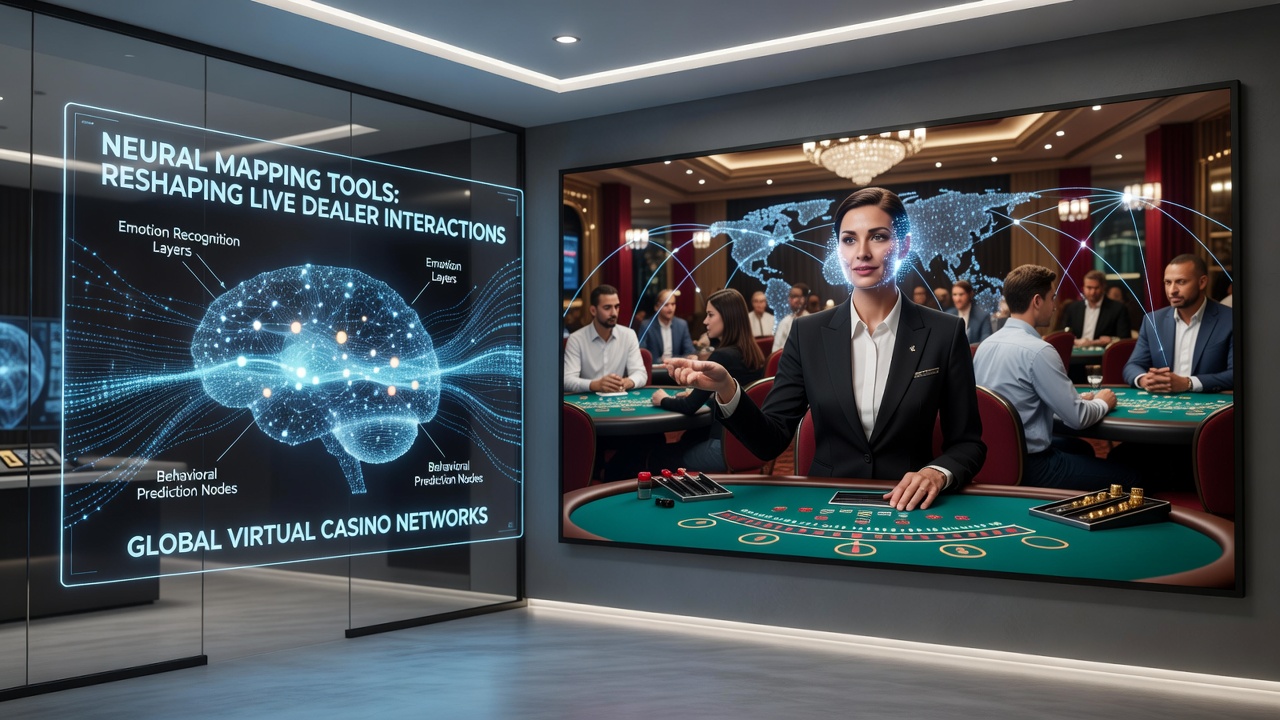 Live dealer receiving real-time neural feedback indicators while conducting a virtual roulette game with international players