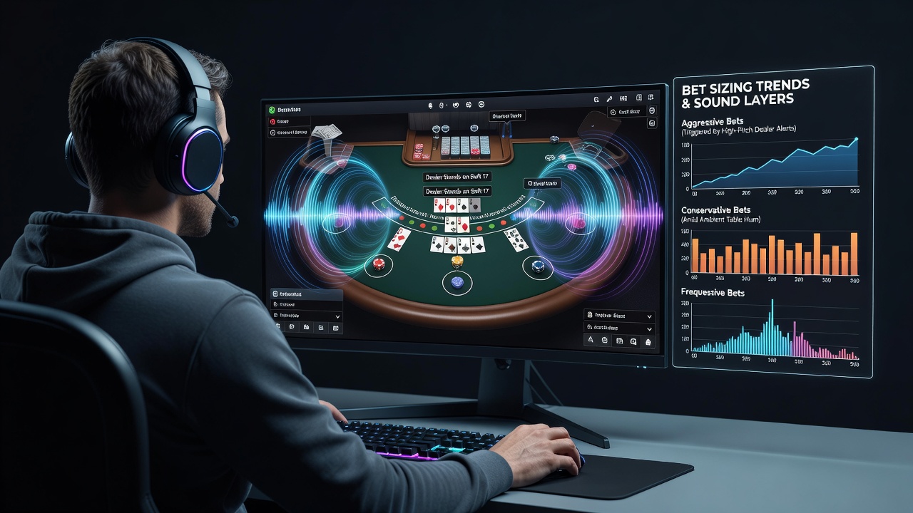 Player bet size distribution chart overlaid on a virtual blackjack table with active sound indicators