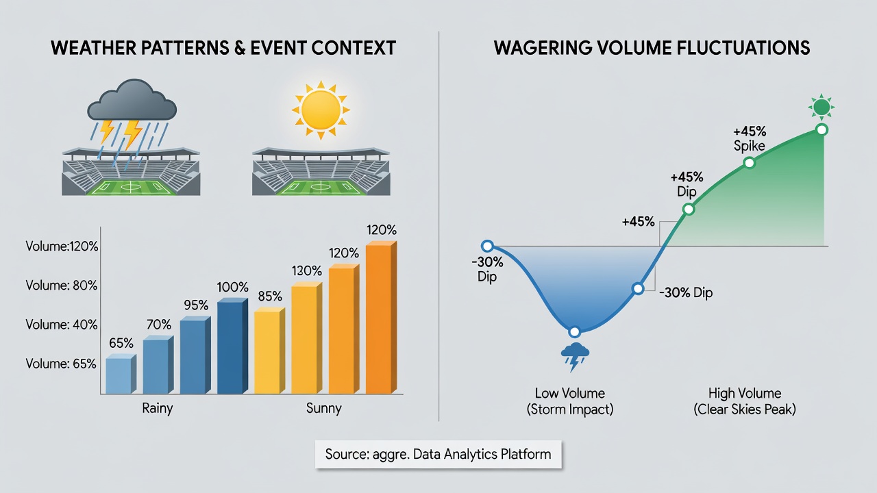 Infographic displaying weather icons alongside line graphs of daily betting handle fluctuations for golf and tennis events