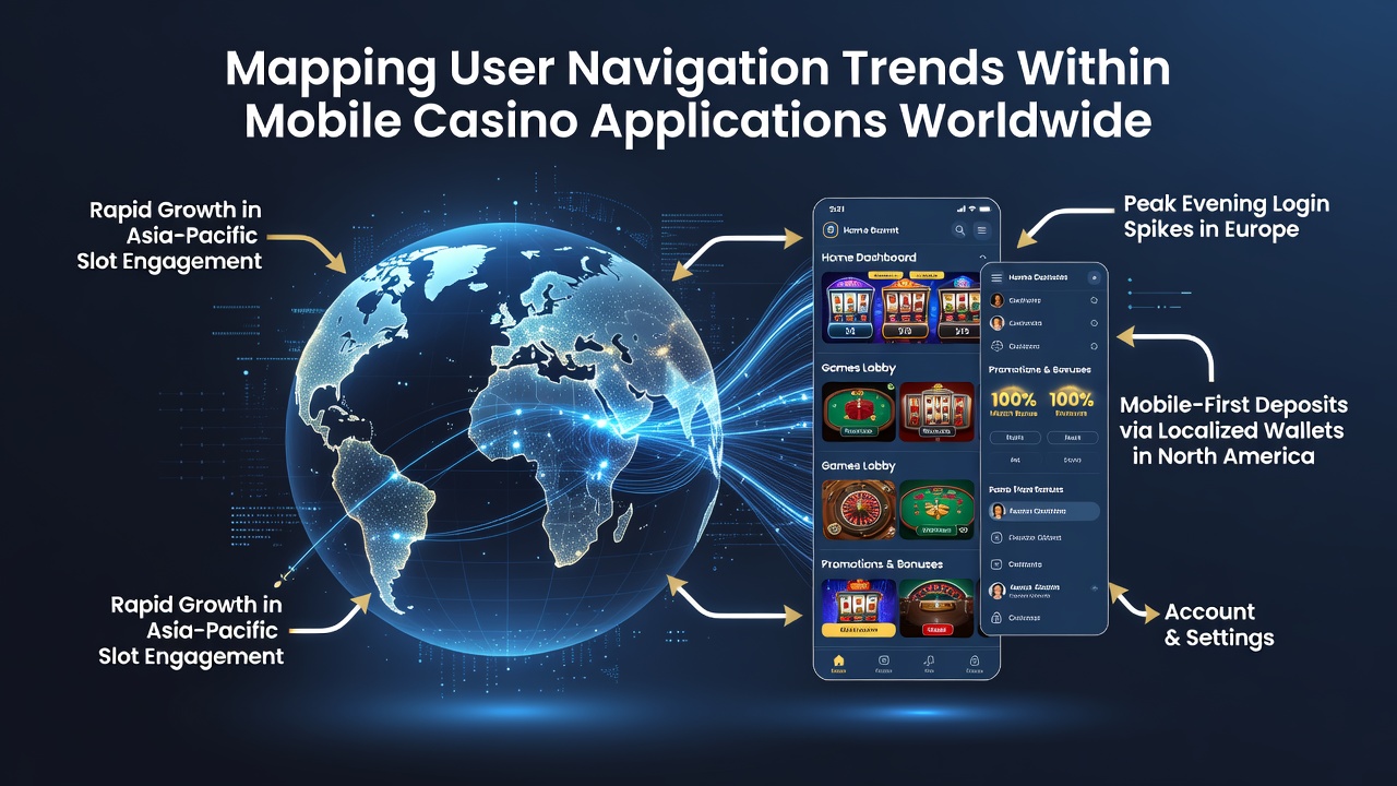 Analytics dashboard displaying global mobile casino navigation heatmaps and session flow diagrams