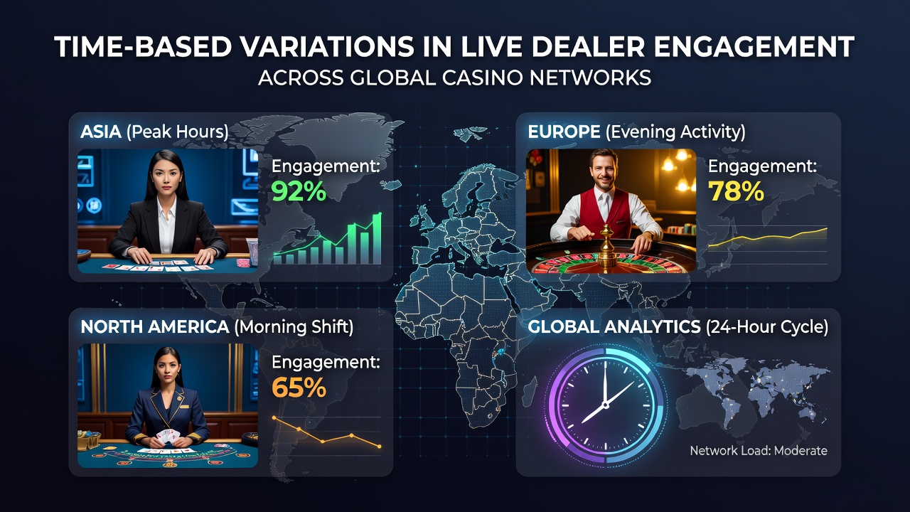 Global live dealer casino network showing time zone activity patterns